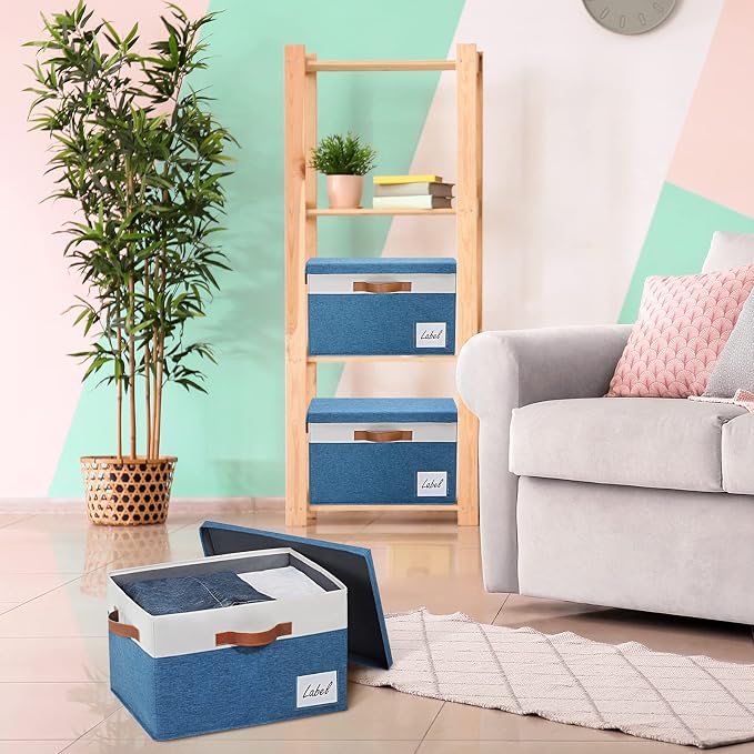GhvyenntteS Fabric Storage Bins with Lid 6 Pack, Large Decorative Storage Boxes with Lids and Handles, Foldable Fabric Storage Baskets with Lid and Label for Home Office (Blue, 15" x 11" x 9.7")