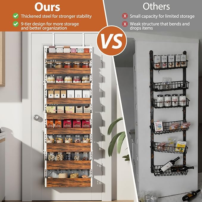 Over the Door Pantry Organizer: Pantry Organization and Storage with Hanging Basket - 9-Tier Metal Spice Rack Adjustable Shelves for Kitchen Bedroom Bathroom & Laundry Room White