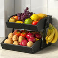 Sevenblue 2-Tier Bamboo Fruit Basket with 2 Banana Holders Black | Large tiered organizer for bread, snacks, veggies. Sturdy bamboo, includes mats & dividers. Easy to assemble.