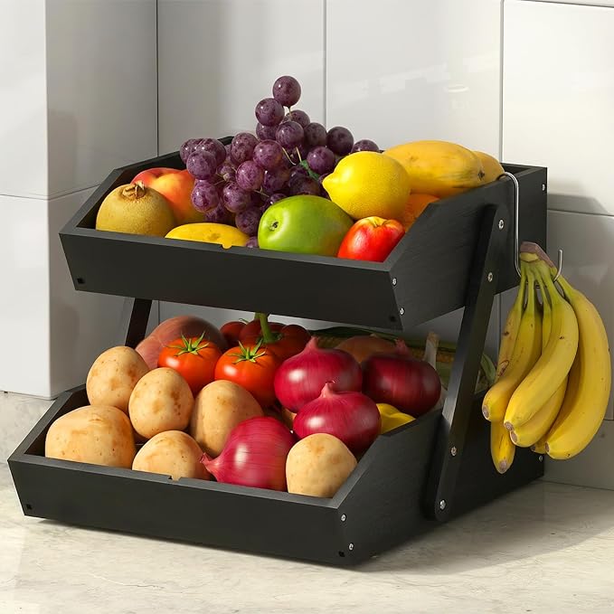 Sevenblue 2-Tier Bamboo Fruit Basket with 2 Banana Holders Black | Large tiered organizer for bread, snacks, veggies. Sturdy bamboo, includes mats & dividers. Easy to assemble.