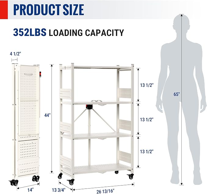 WORKPRO 4-Tier Folding Shelf, No-Assembly Metal Storage Rack with Wheels, 600 lbs Capacity (with Leveling Feet), Collapsible Shelving Unit for Kitchen, Pantry, Closet & Craft Shows - White