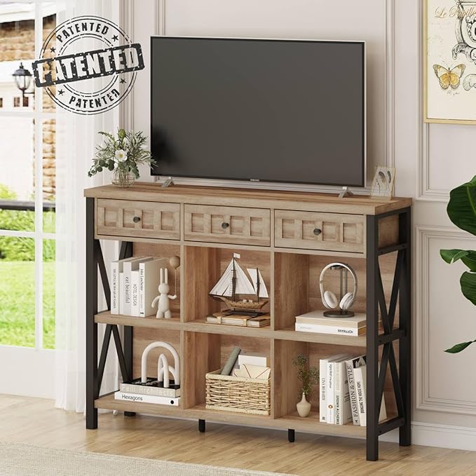 FATORRI Rustic 6 Cube Storage Organizer Bookshelf with 3 Drawers, 47 Inch Long Horizontal Bookshelf, Industrial Wood Short Low Cube Bookcase for Living Room, Home Office (Rustic Oak)