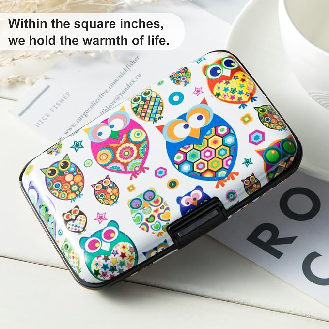 ELFISH Mini RFID Aluminum Wallet Credit Cards Holder Business Card Case Metal ID Case for Men Women (Owl)
