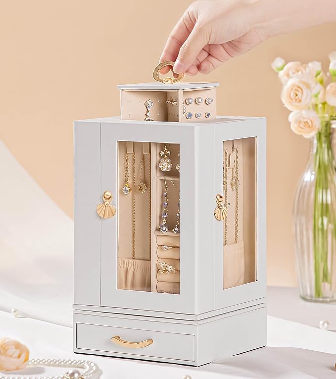 Enthralite Luxury Jewelry Box for Women: 360° Rotating with Clear Window | Compact Jewelry Storage with Drawer - Necklace Ring Organizer with Compartments - Elegant Earring Holder Display Great Gift