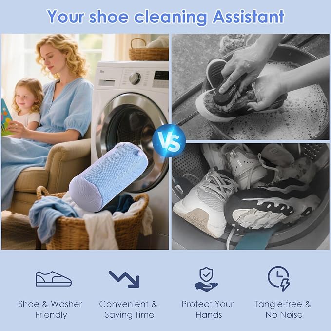 2-Pack Shoe Washing Machine Bags for Sneakers & Delicate Shoes, Blue | 3X Fade-resistant Fabric and 20,000+ Dense Fibers Lift Dirt, Protect Shoes and Reduce Scrubbing, Washer / Dryer Safe