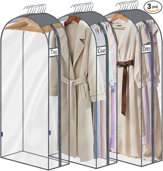 Clear Garment Bags for Hanging Clothes 10" Side Gusset, Suit Bags for Closet Storage, Suit Cover for Shirts Coats Dresses (24"X62"X10" 3Pack)