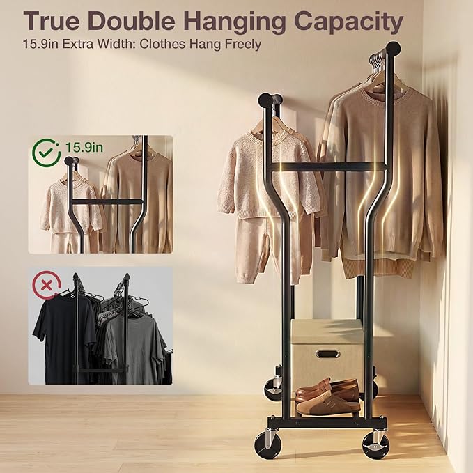 Clothes Rack, Double Rods Rolling Clothing Rack for Hanging Clothes Load 260 LBS Closet Rack with Wheels, Metal Portable Garment Rack for Bedroom Laundry Living Room, Black