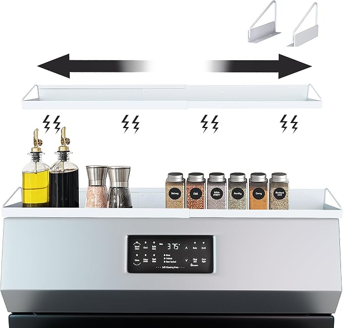 Magnetic Over the Stove Shelf, Extendable（16" to 30" ）Steel Spice Rack Shelf, Above Oven Storage Organizer, Stove Top Shelf for Kitchen Range, Back of Stove & Floating Shelves for Bathroom - White