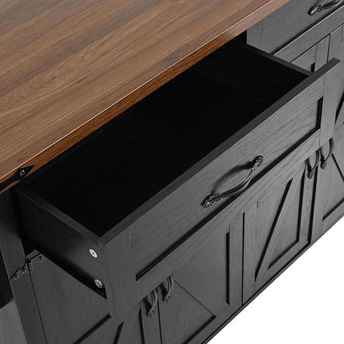 Amposei Farmhouse Rolling Kitchen Island with Power Outlet, Drop Leaf Breakfast Bar, Wooden Mobile Storage Island Cart on Wheels with Drawers, Spice Rack for Kitchen Dining Room (Black)