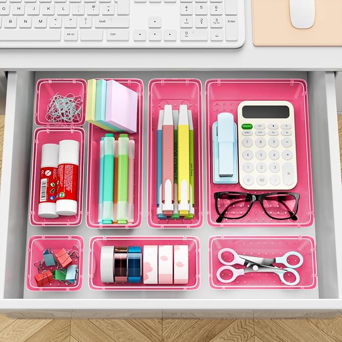ElegantArray 12 PCS Drawer Organizer Set, 4 Sizes Tool Storage Trays, Clear Plastic Makeup Vanity Organizer and Storage Bins for Stationeries, Multiple Gadgets for Office, Bedroom, Pink
