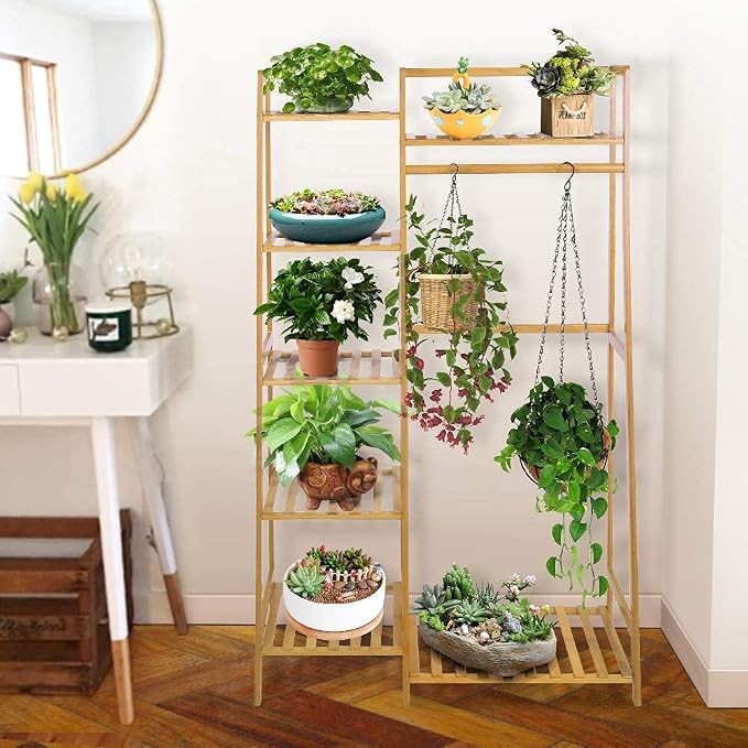 Ufine Bamboo Garment Rack with 7-Tier Storage Shelves & Hanging Rod | Portable Clothes Hanging Rack Minimalism Wardrobe Closet Organizer for Living Room