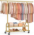 EAGMAK Heavy Duty Clothes Rack for Hanging Clothes Load 556 LBS, Height Adjustable Rolling Clothing Racks, Portable Metal Coat Rack Garment Wardrobe with Wheels and Shelves for Bedroom Laundry, Gold