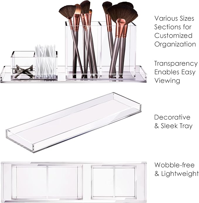 Clear Acrylic Office Desk Accessories Organizer with Tray, 4 Section Office Supplies Holder & Make Up Brush Cup Holders | For Home & Workspace
