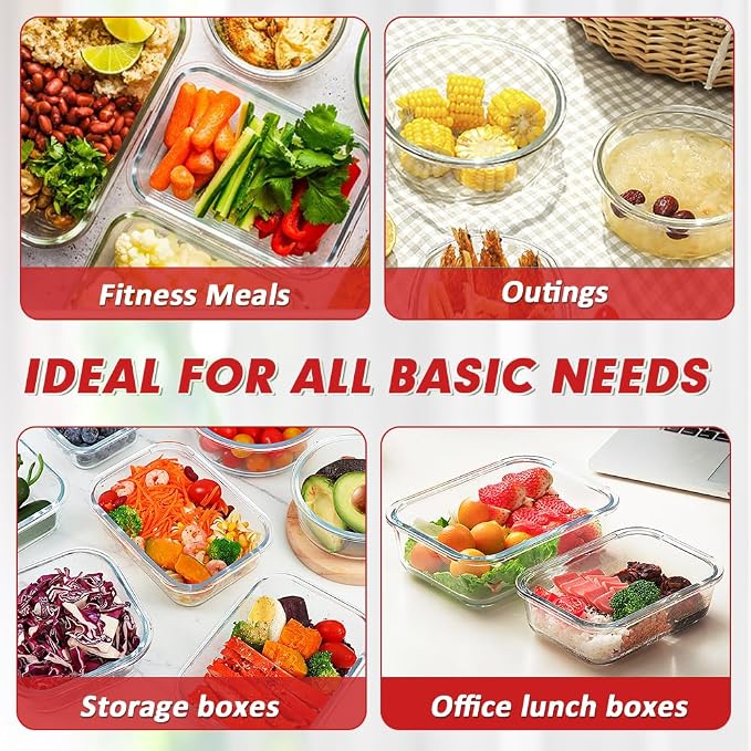 VERONES 12 Packs Glass Food Storage Containers Set, Airtight Glass Lunch Containers, Glass Meal Prep Containers with Lids,Exclusive of BPA, for Microwave, Oven, Freezer & Dishwasher Friendly,Red