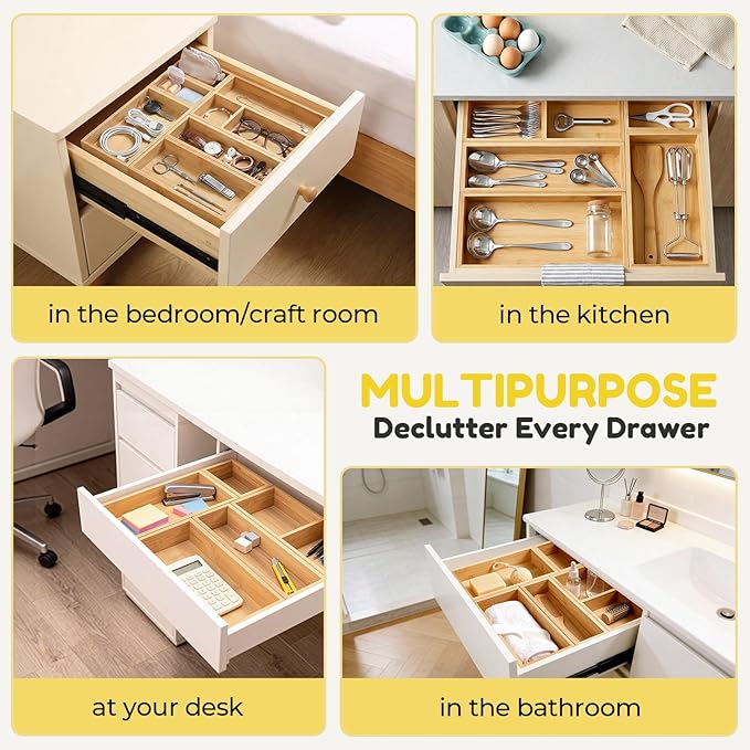 lilLittle Bamboo Drawer Organizer, 5 Pcs Multi Purpose Drawer Organizer Set | Wood Wax Oil Finish, Natural Bamboo, Sturdy, Space Saving, Versatile Storage, Easy to Clean