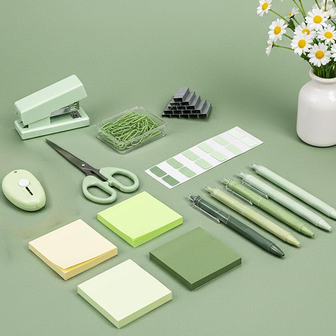 Mini Green Office Supplies Kit Green School Supplies Christmas Gift Desk Accessories with Gel Pens Sticky Notes Stapler Scissor Paper Clips Index Tabs Box Cutter for Christmas Gifts Office
