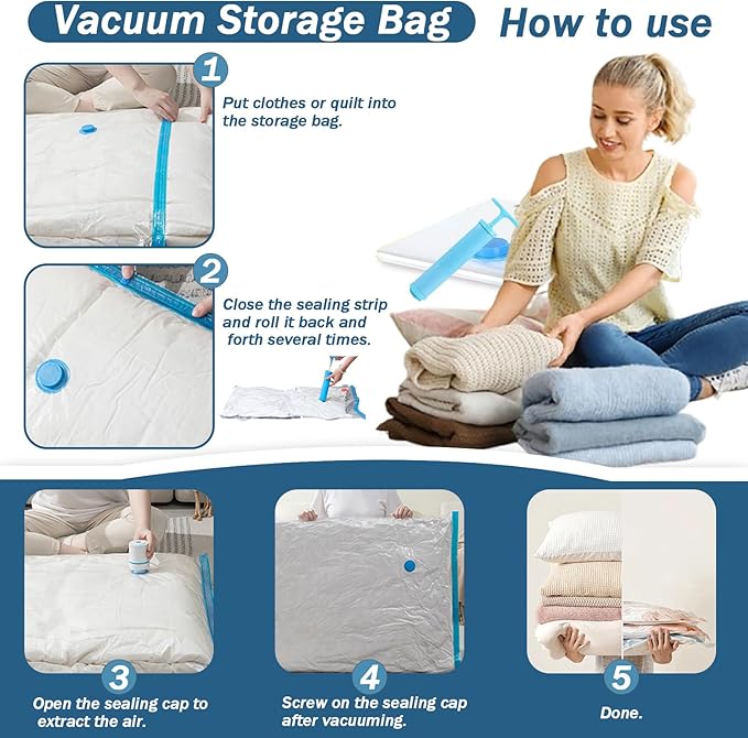 10 Pack 80% Space Saver Vacuum Storage Bags with Hand Pump, Compression Vacuum Seal Bags for Travel, Clothing, Luggage, Blankets, Comforters, Saving More Closet Space(10 Medium-HPUMP)
