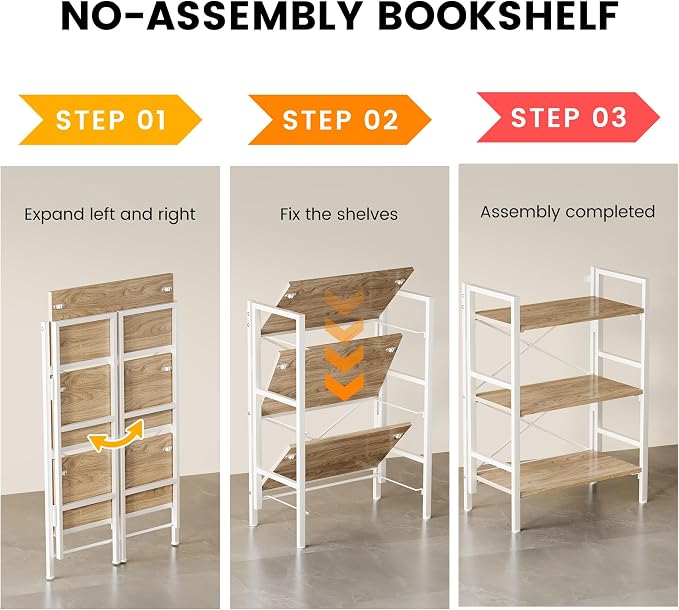 Homeiju Folding Bookshelf No Assembly, 3 Tier Bookcase Foldable Shelf with X-Bracket Design, Adjustable Feet, Space Saving Storage for Living Room, Office (Light Coffee)
