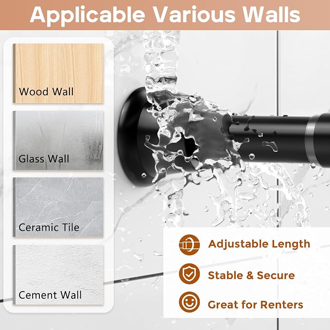 1 Pack Spring Tension Curtain Rods 24-46 Inches, Spring Loaded Curtain Rods No Drilling, Adjustable Expandable Tension Rod for Window Doorway Kitchen Curtain Bedroom Closet, Black