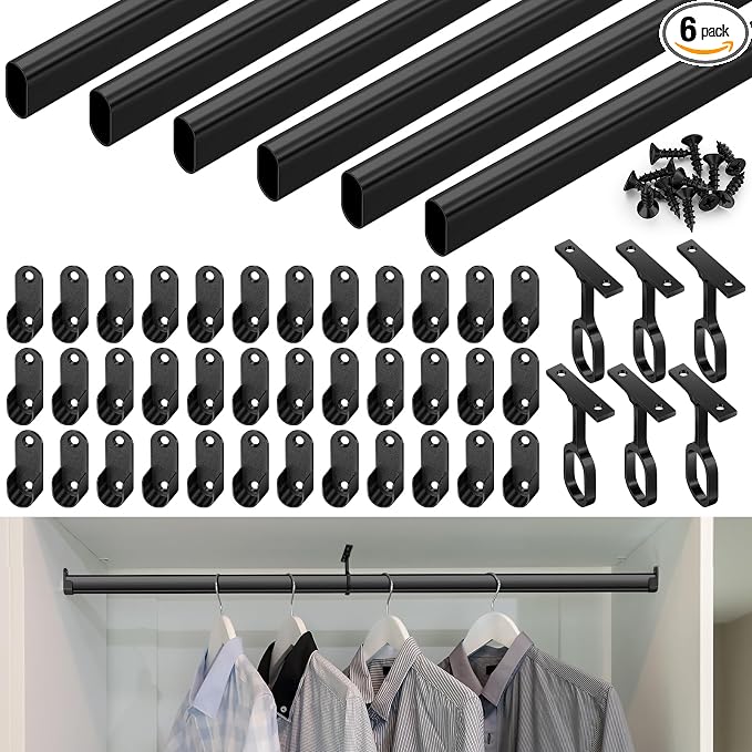 Tandefio Chrome Closet Rod 92 Inch with Oval Closet Rod 6 End Supports for Laundry Room Hanging Clothes Waterproof Shower for Curtains(Black,6 Sets)