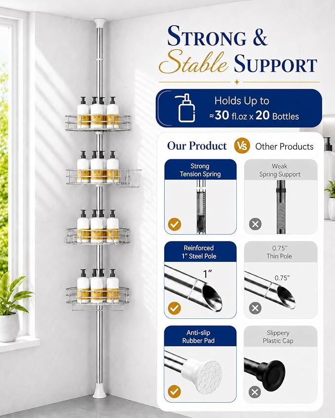 SEIRIONE Corner Shower Caddy Tension Pole, Quick Setup, Rust-Free Bathroom Shower Organizer Corner for Bathtub Shampoo Storage, 4-Tier Adjustable Shelf, Drill Free, Fits 34 to 116 Inch Height, Chrome