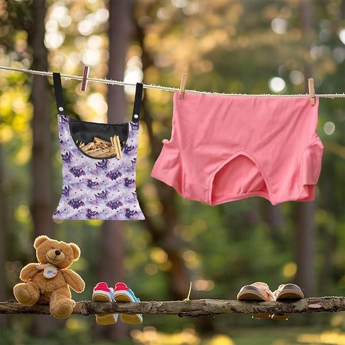 Purple Bat Clothespin Bag Space-Saving Laundry Hanging Storage Organizer Clothes Pin Hanging Bag with Rope Holds 100 Clothes Pins for Clothesline Outdoor Clothespin Accessory Bag