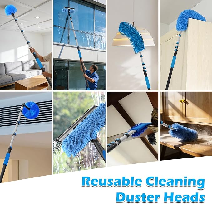 16FT Reach High Ceiling Duster Kits with 3-12FT Adjustable Pole - Includes Extra Long Duster, High Ceiling Duster, Rotatable Window Squeegee & Cobweb Duster for Ceiling Fans and Whole House Cleaning