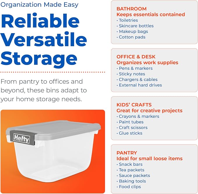 Hefty 6.5 Qt Flat-Lid Storage Bin with Lid, Stackable Plastic Storage Container, Organizer for Home, Office & Classroom, 8 Pack, Gray