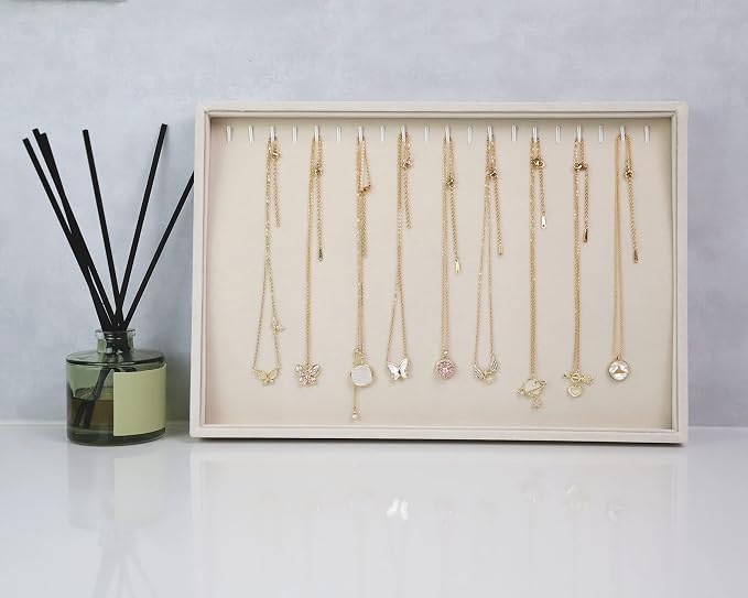 Stratalife 20 Hooks Necklace Organizer Tray, Stackable Jewelry Organizer for Women, Velvet Jewelry Display Storage Tray for Necklace Bracelet, 13.8" x 9.4" x 1.2", Beige