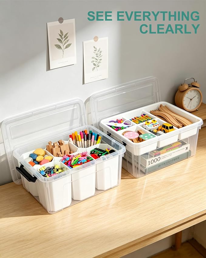EOENVIVS 17 QT Clear Craft Storage Organizer Box with Removable Tray, Plastic Storage Bins with lids for Kids Art Supplies, Toys, Beads, Tools, Sewing & Classroom