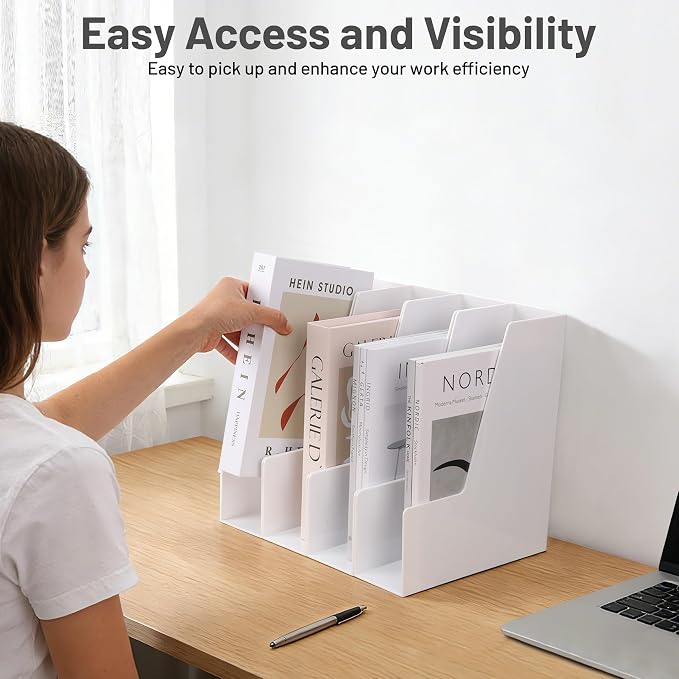 CiWiVOKi Vertical Magazine File Holder, 4 Pack, White | Desktop File Organizers for Magazines, Binders, Notebooks and Paperwork with Space-Saving Vertical Storage