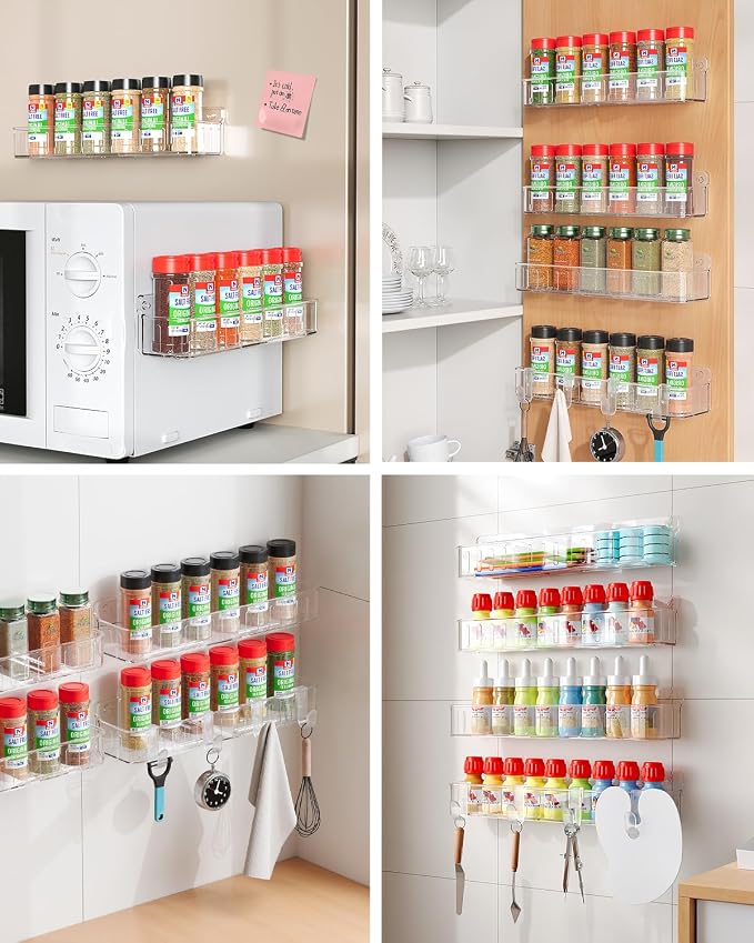 Nieifi Spice Rack Wall Mount, 4 Pack, Clear, 2 Inch Depth, Screw or Adhesive Installation, Spice Rack Organizer for Small Spice Jars, Suitable for Kitchen Cabinet or Pantry Door