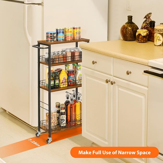 YBING Slim Storage Cart 4 Tier Narrow Kitchen Rolling Cart with Wooden Tabletop Mobile Utility Stand on Wheels for Bathroom Laundry Narrow Places Rustic Brown 16.5''L X 7.3''W X 34.6''H