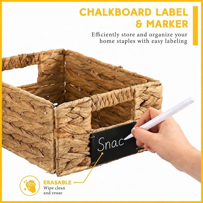 Nitial Wicker Storage Basket, Rectangular Water Hyacinth Storage Basket for Shelving, Foldable Woven Pantry Organizer with Chalkboard Label and Chalk Marker (12 x 9 x 5 Inch,Natural)
