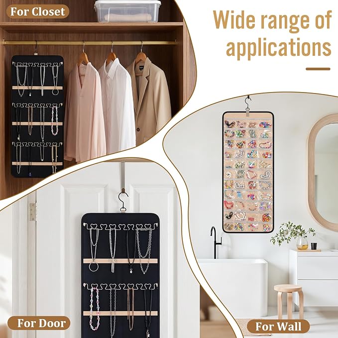 3 Pack Hanging Jewelry Organizer Storage with 48 Pockets and Hooks Dual-Sided Hanging Jewelry Organizers and Storage Hang on Closet, Wall, Door for Earrings, Necklaces, Rings,Blcak