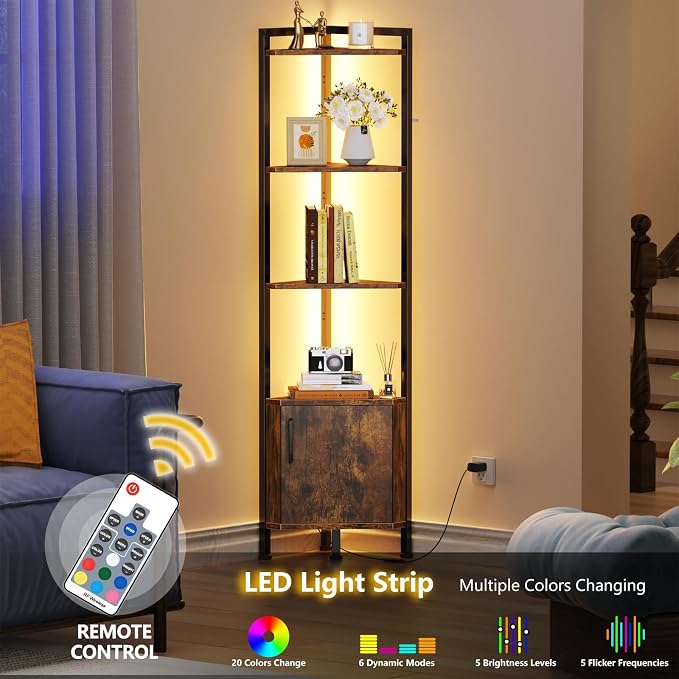 Furnulem Corner Shelf Cabinet,Corner Bookshelf with Storage and LED Light | Wall Shelf Unit,62.8”Tall Wood Display Shelves for Bedroom,Living Room,Kitchen,Metal Frame,Easy to Assemble