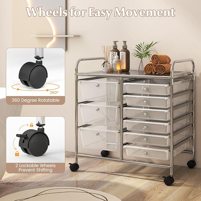 COSTWAY Rolling Storage Cart with 9 Drawer, Utility Cart with Metal Frame | Mobile Art Supply Craft Organizer, Multipurpose Storage Organizer for Paper, Office, School Teacher, Classroom, Transparent