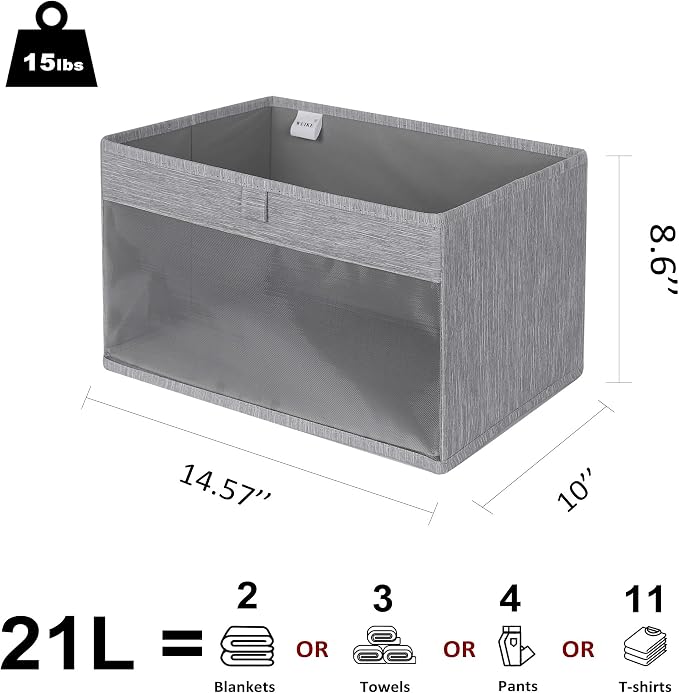 WUIKE Closet Storage Bins with Clear Window, Fabric Organizer Baskets with Handles, Foldable Linen Closet Organizers and Storage for Shelves, Light Gray, Large, 3 Pack