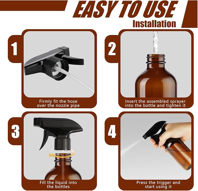 Caija-H 2 Pack Glass Spray Bottles for Cleaning，8oz 240ml Spray Bottle with Weighted Ball Straws 360° Any Angle Mist Sprayer for Kitchen Plants Pets Hair Water Mister (Amber)