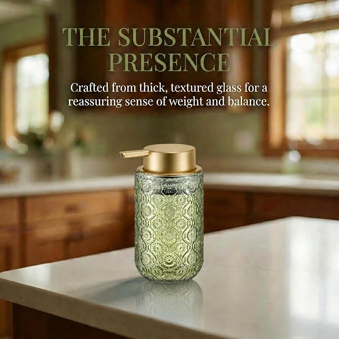 Green and Gold Glass Foaming Hand Soap Dispenser | Matte Gold Pump Embossed Glass Bottle Refillable Bathroom Kitchen Decor 13.5 oz