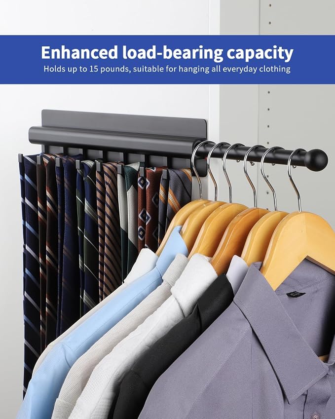 BaiNong Adhesive Valet Rod for Closets Pull Out 12" Black with 8 Hooks | Multifunctional Closet Valet Rod Slide Out for Closets Belt Organizer for Closet Tie Rack Hanger for Closet Space-Saving