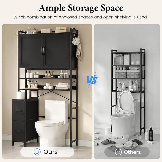 Over the Toilet Storage Cabinet with Doors, 2 Large Drawers & 6 Hooks, Over the Toilet Organizer with Toilet Paper Holder, Over the Toilet Storage for Bathroom, Laundry Room, Black