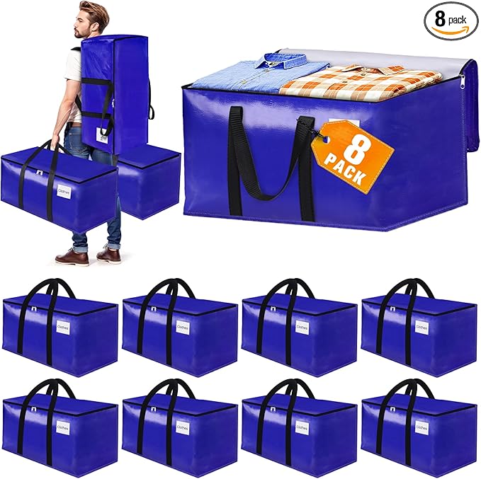 FabSpace 8-Pack Moving Bags with Backpack Straps & Carry Handles, 25 Gallons-93 L Heavy Duty Storage Totes for Space Saving, Foldable Storage Bags for College Dorm, Travel, Camping (Blue)