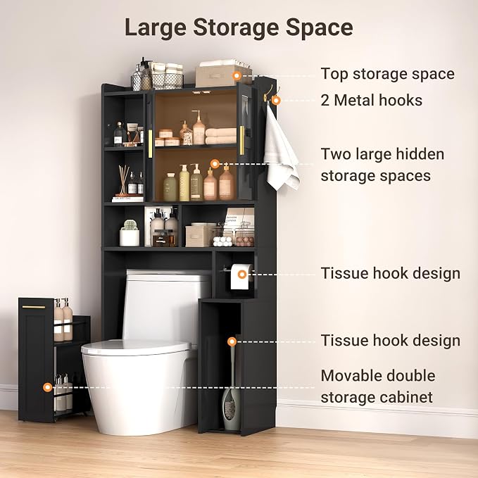 ELYKEN Over The Toilet Storage Cabinet with Pulley Bathroom Storage Cabinet, Home Space-Saving Over Toilet Rack with Glass Doors & Adjustable Open Shelf for Bathroom, Restroom, Laundry,Black