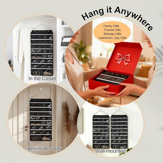 Hanging Jewelry Organizer Storage Roll 56 Zippered Pockets with Detachable Hanger Double-Sided Foldable, Travel Jewelry Holder for Earrings, Rings, Bracelets, Hanging on Closet, Wall, Door, Black