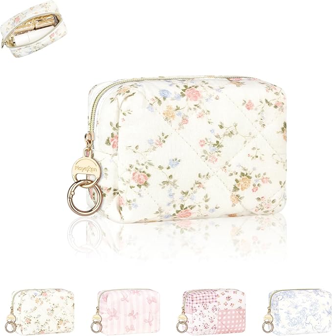 Quilted Mini Makeup Bag, Cute Small Cosmetic Bag for Purse, Yellow | Floral Travel Makeup Pouch, Make Up Pouch for Women, Purse Organizer Pouches for Travel/ Gym/ Daily Use, Perfect Gifts