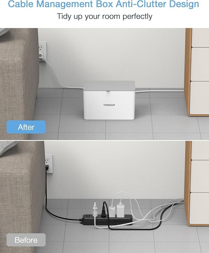 TESSAN Power Strip with Cable Management Box, 5 ft Flat Plug Extension Cord | 4 Outlets 2 USB Ports with Overload Switch, Mountable White Power Cord Organizer Charging Station for Dorm, Office, Home