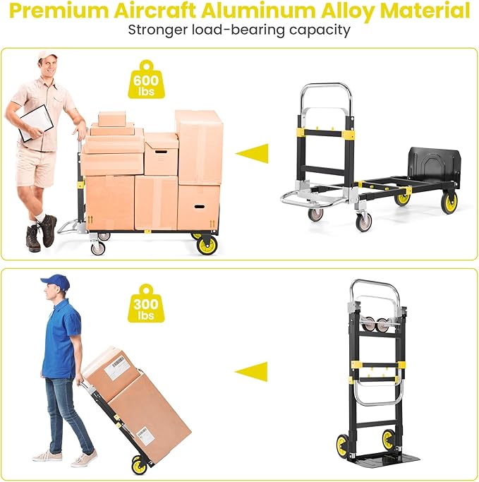 3-in-1 Folding Hand Trucks, 600Lbs Convertible Hand Truck Dolly, Heavy Duty Convertible Dolly with Retractable Handle and 4 Rubber Wheels, Collapsible Cart for Moving Office/Home/Warehous(Yellow)