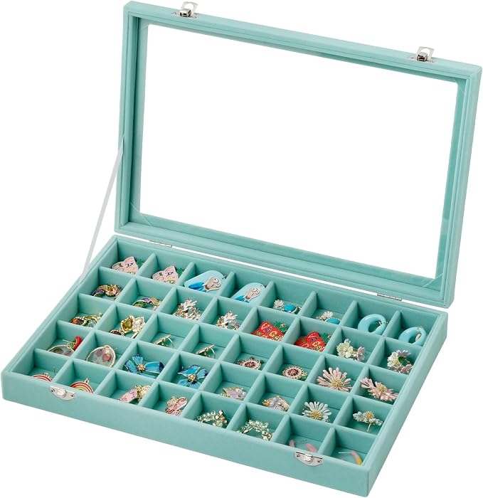 Frebeauty 40 Grid Earring Organizer,Velvet Jewelry Tray with Clear Lid | Drawer Jewelry Organizer for Rings Studs Beads,Adjustable Dividers,Dustproof,Earring Storage,Trinket Box,13.8×9.5Inches