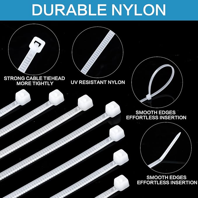 500 Pcs White Zip Ties, 8 Inch Clear Self-Locking Nylon Cable Ties, Premium Heavy Duty Plastic Wraps Wire Ties for Indoor and Outdoor